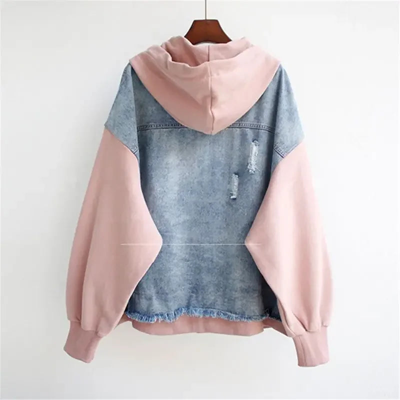 Veste Baseball Femme en Denim avec Capuche