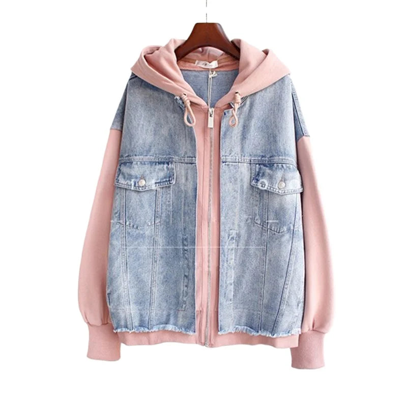 Veste Baseball Femme en Denim avec Capuche