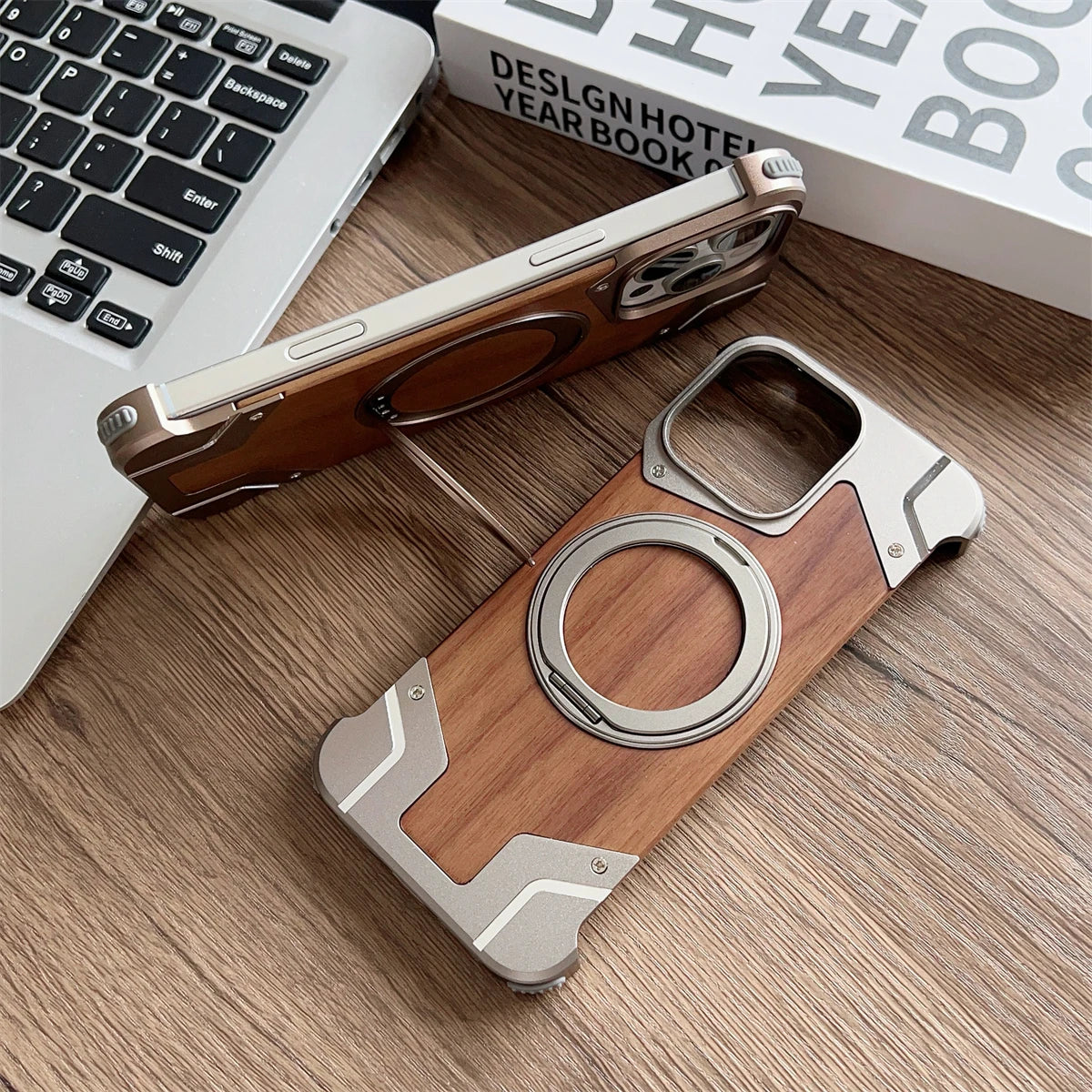 Coque MagSafe en Alliage d'Aluminium et Bois pour iPhone 16 15 14 13 Pro Max