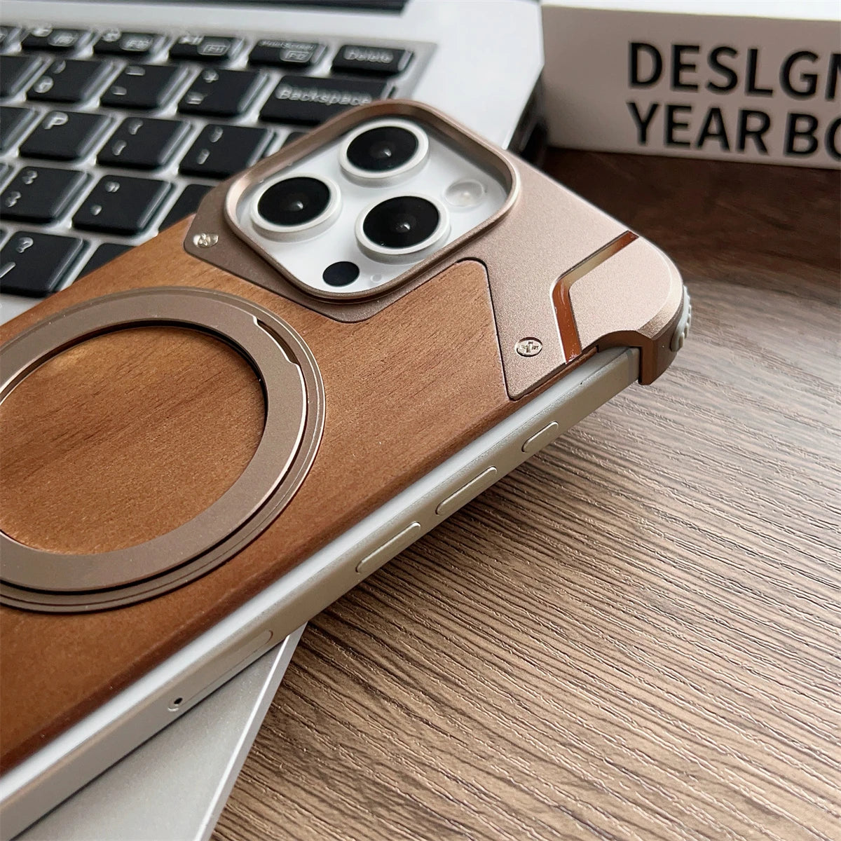 Coque MagSafe en Alliage d'Aluminium et Bois pour iPhone 16 15 14 13 Pro Max