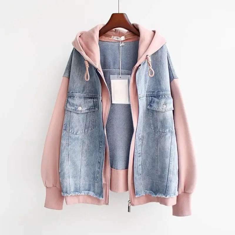 Veste Baseball Femme en Denim avec Capuche